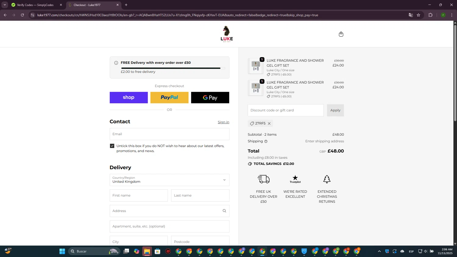Luke 1977 discount code screenshot showing code 27RF5 applied at Luke 1977 checkout page. Uploaded by SimplyCodes community member GoldScout9735 on Nov 15, 2025