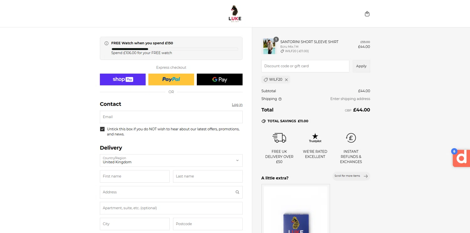 Luke 1977 discount code screenshot showing code WILF20 applied at Luke 1977 checkout page. Uploaded by SimplyCodes community member Dorothy on May 10, 2025