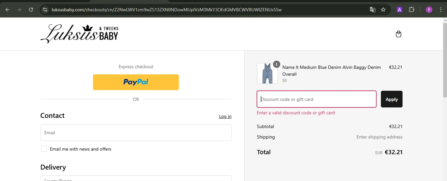 Luksus Baby promo code screenshot showing code NAME20 applied at Luksus Baby checkout page. Uploaded by SimplyCodes community member firoas on Jan 18, 2025