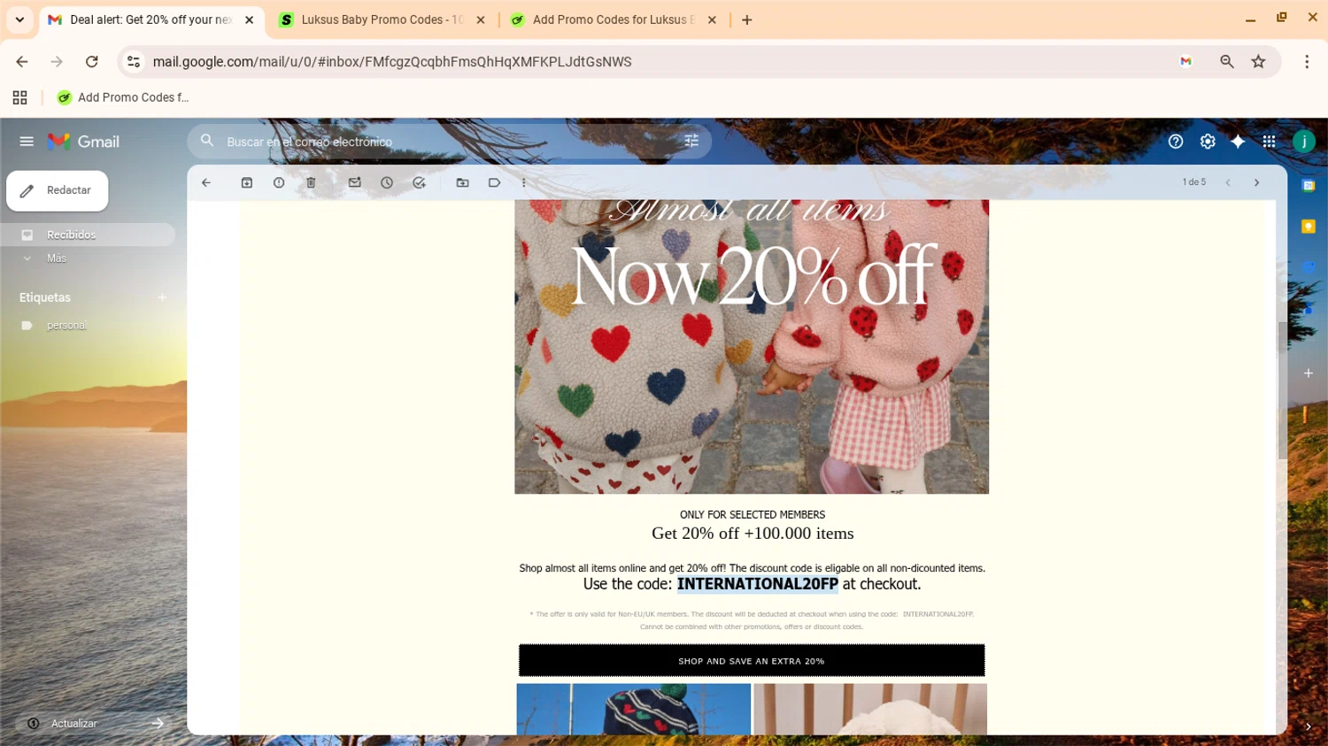 Luksus Baby promo code screenshot showing code INTERNATIONAL20FP applied at Luksus Baby checkout page. Uploaded by SimplyCodes community member yennifergonzalez on Nov 5, 2025