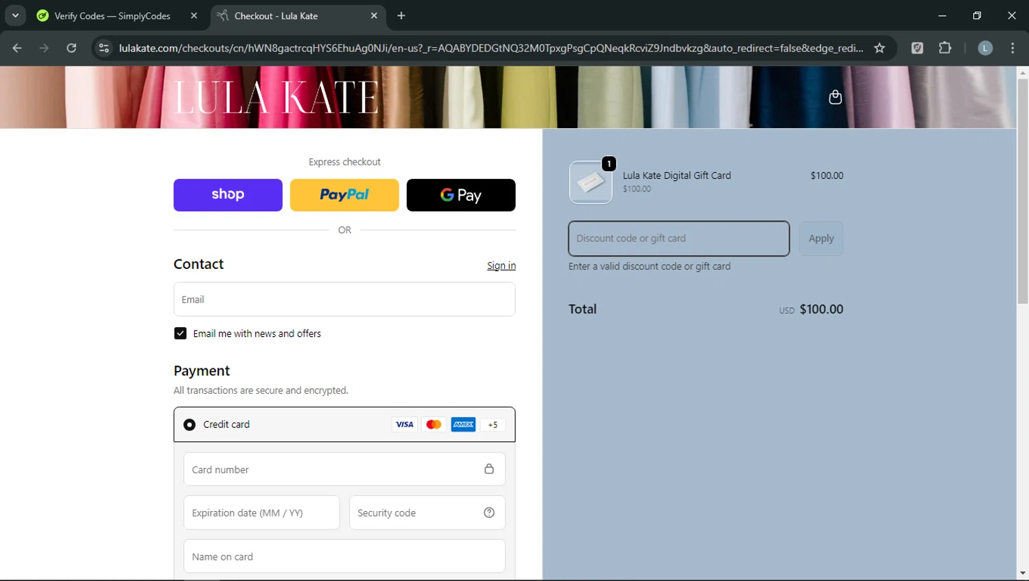 Lula Kate discount code screenshot showing code SAYYES applied at Lula Kate checkout page. Uploaded by SimplyCodes community member RoyalOwl5790 on Feb 12, 2026