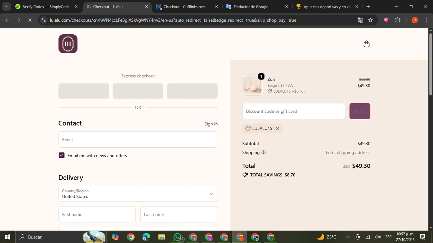 Lulalu promo code screenshot showing code Lulalu15 applied at Lulalu checkout page. Uploaded by SimplyCodes community member VictoriousCaptain2658 on Oct 28, 2025