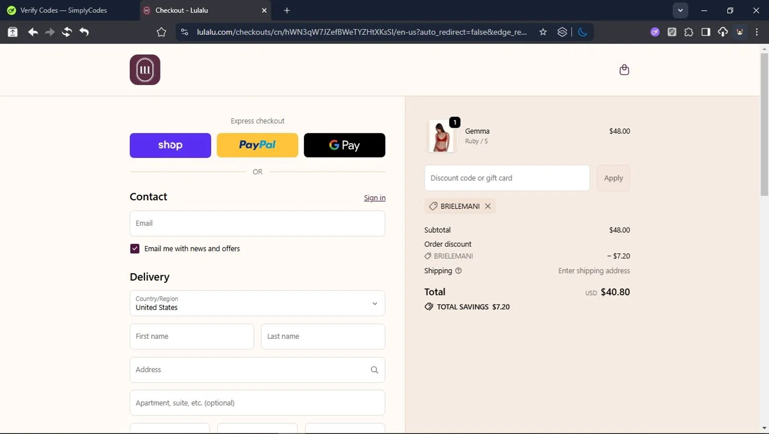 Lulalu promo code screenshot showing code BRIELEMANI applied at Lulalu checkout page. Uploaded by SimplyCodes community member BrilliantTitan6909 on Oct 7, 2025