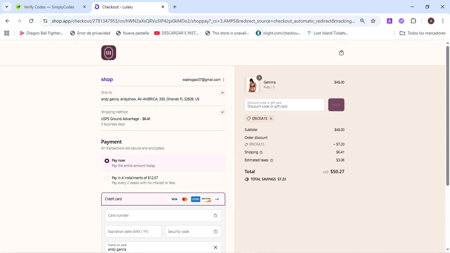 Lulalu promo code screenshot showing code Ericka15 applied at Lulalu checkout page. Uploaded by SimplyCodes community member BudgetMaven6078 on Sep 4, 2025
