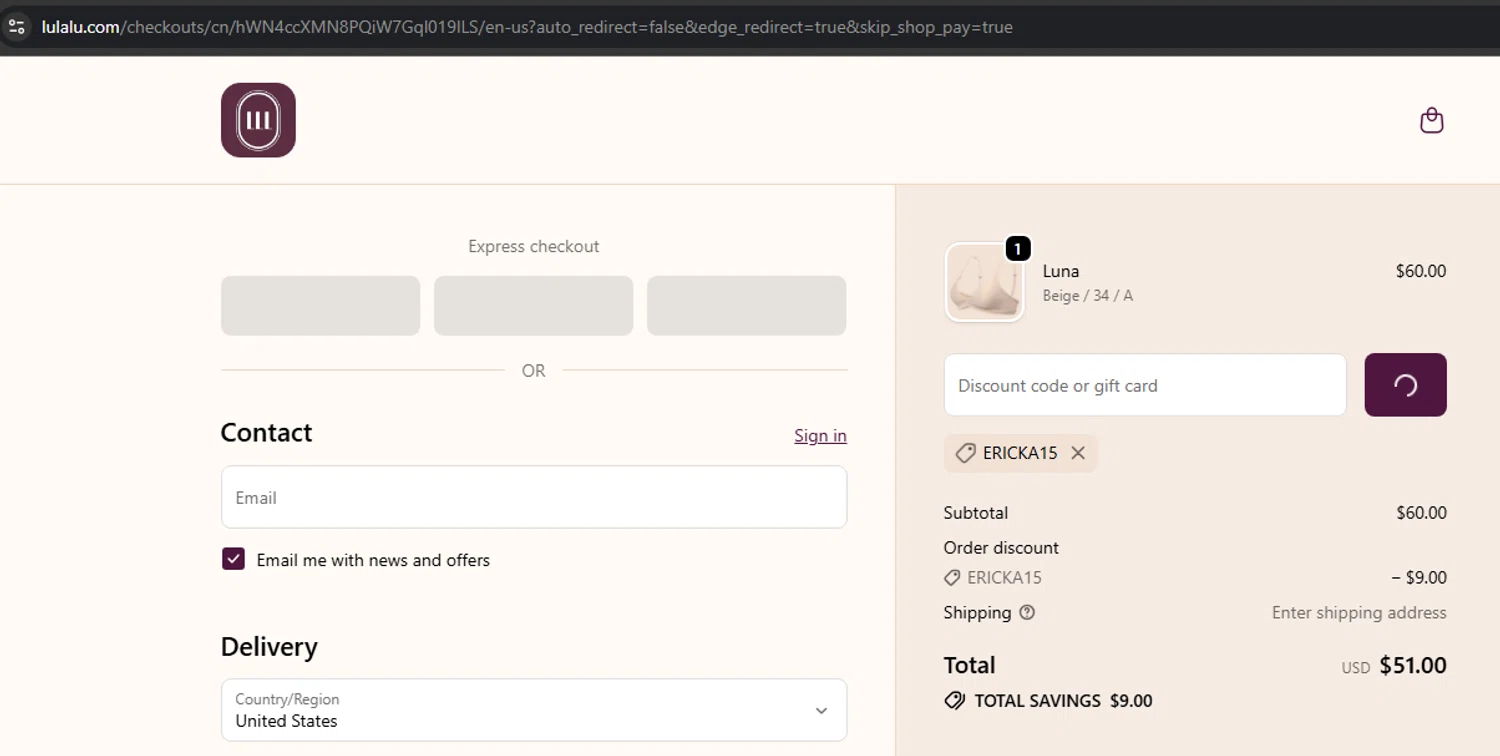 Lulalu promo code screenshot showing code Ericka15 applied at Lulalu checkout page. Uploaded by SimplyCodes community member Mulan5674851292422 on Oct 28, 2025