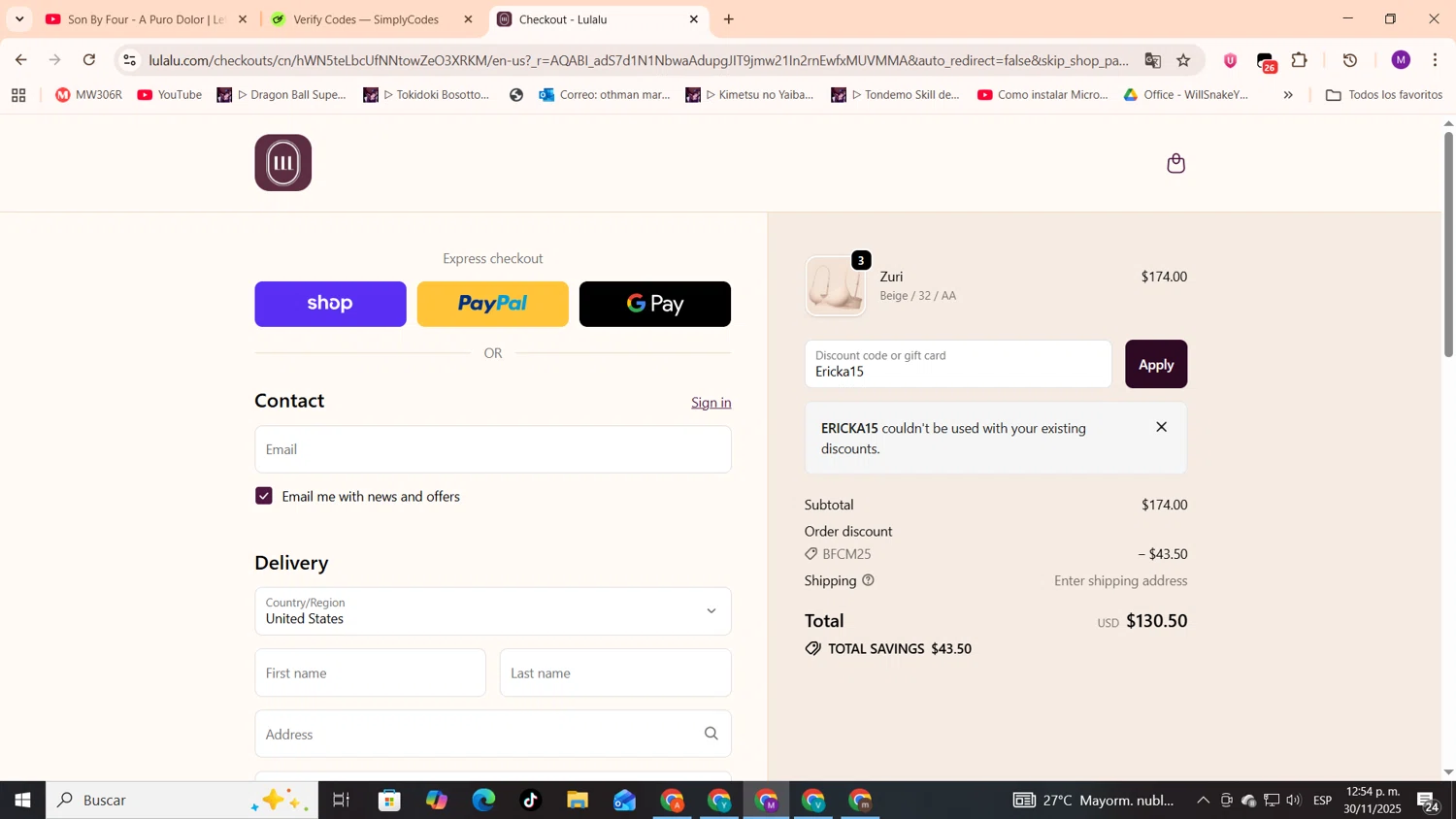 Lulalu promo code screenshot showing code Ericka15 applied at Lulalu checkout page. Uploaded by SimplyCodes community member cod_gakpo on Nov 30, 2025