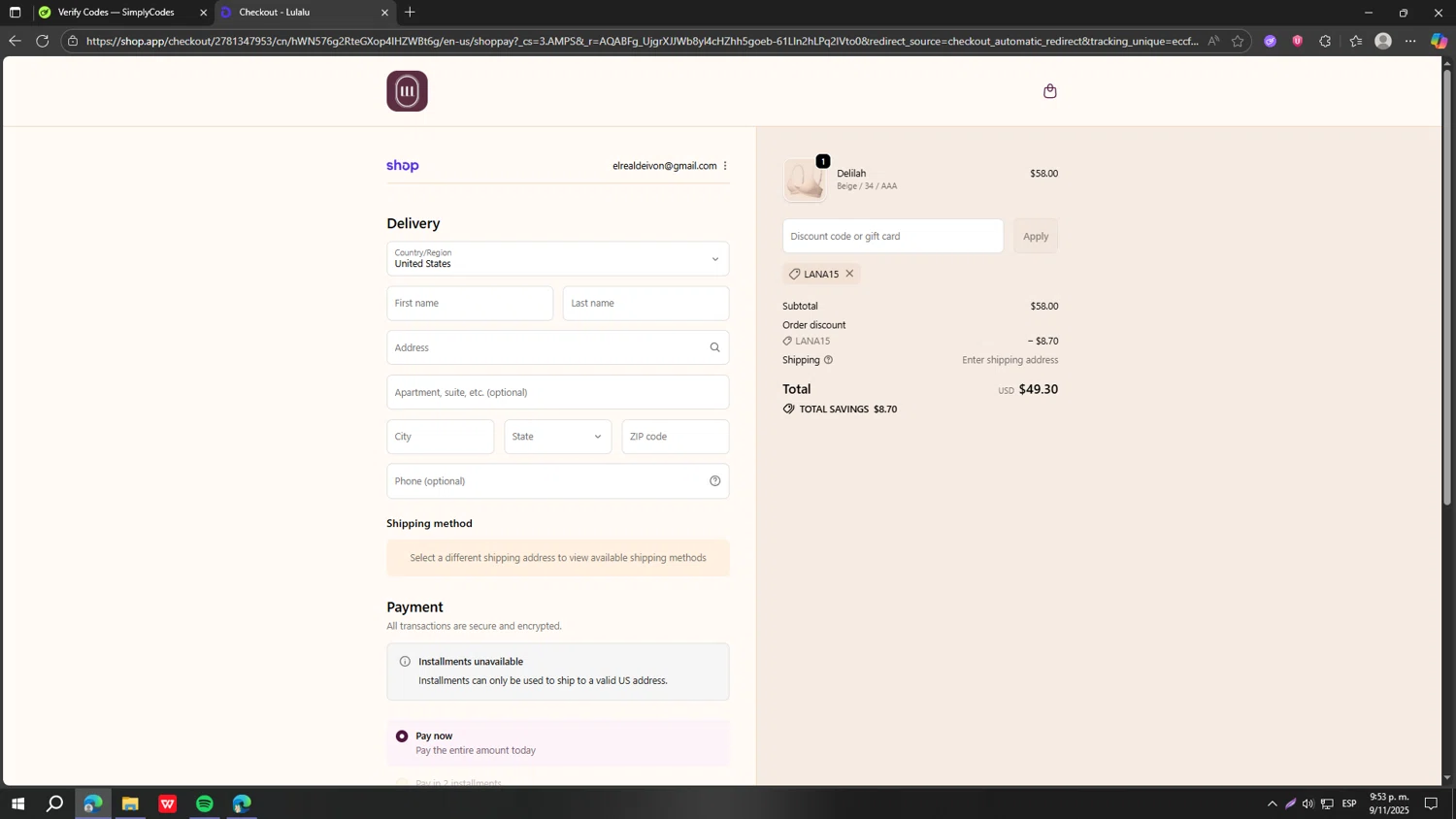 Lulalu promo code screenshot showing code LANA15 applied at Lulalu checkout page. Uploaded by SimplyCodes community member fjkdjkldsf on Nov 10, 2025