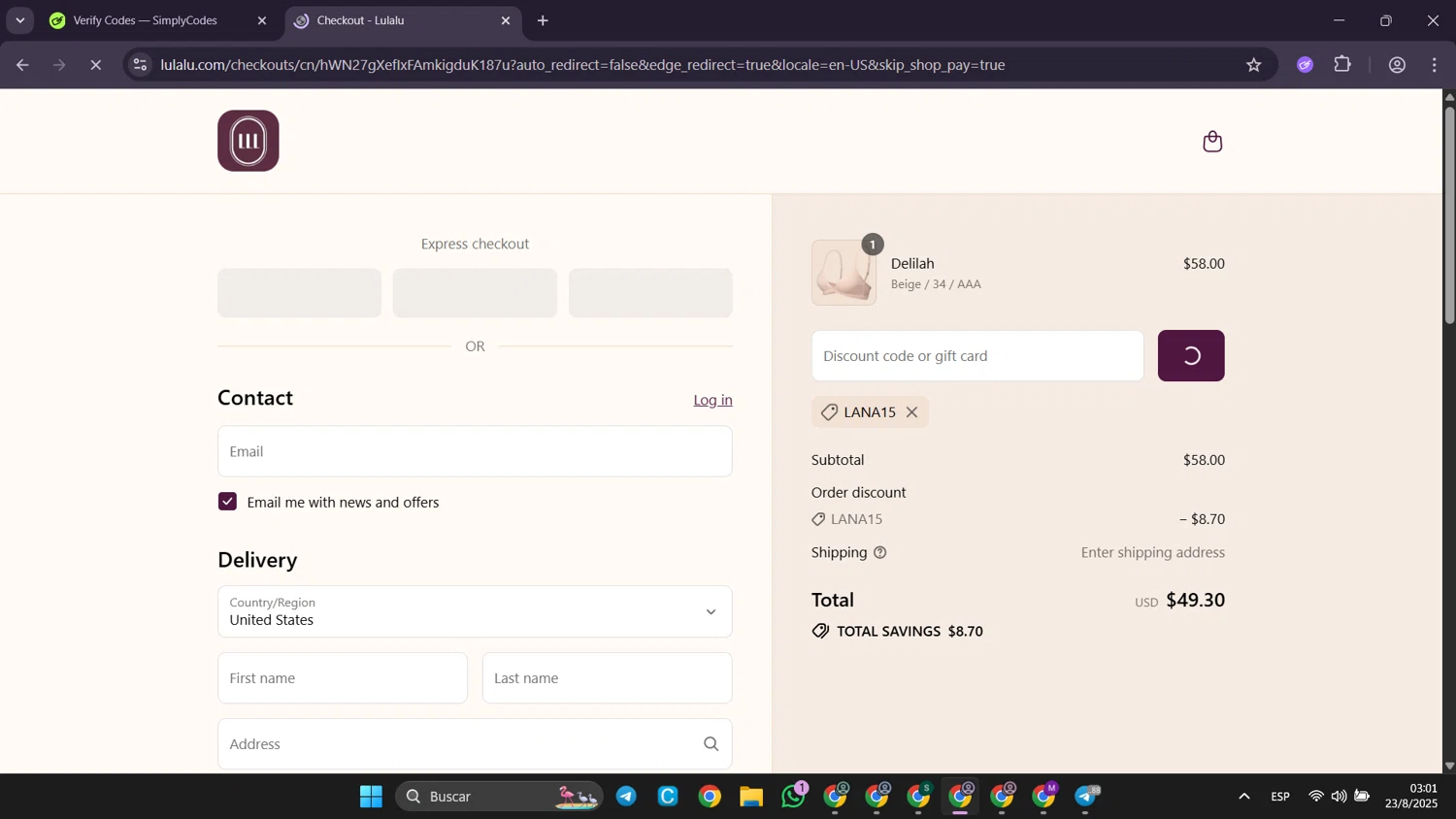 Lulalu promo code screenshot showing code LANA15 applied at Lulalu checkout page. Uploaded by SimplyCodes community member Puppet on Aug 23, 2025