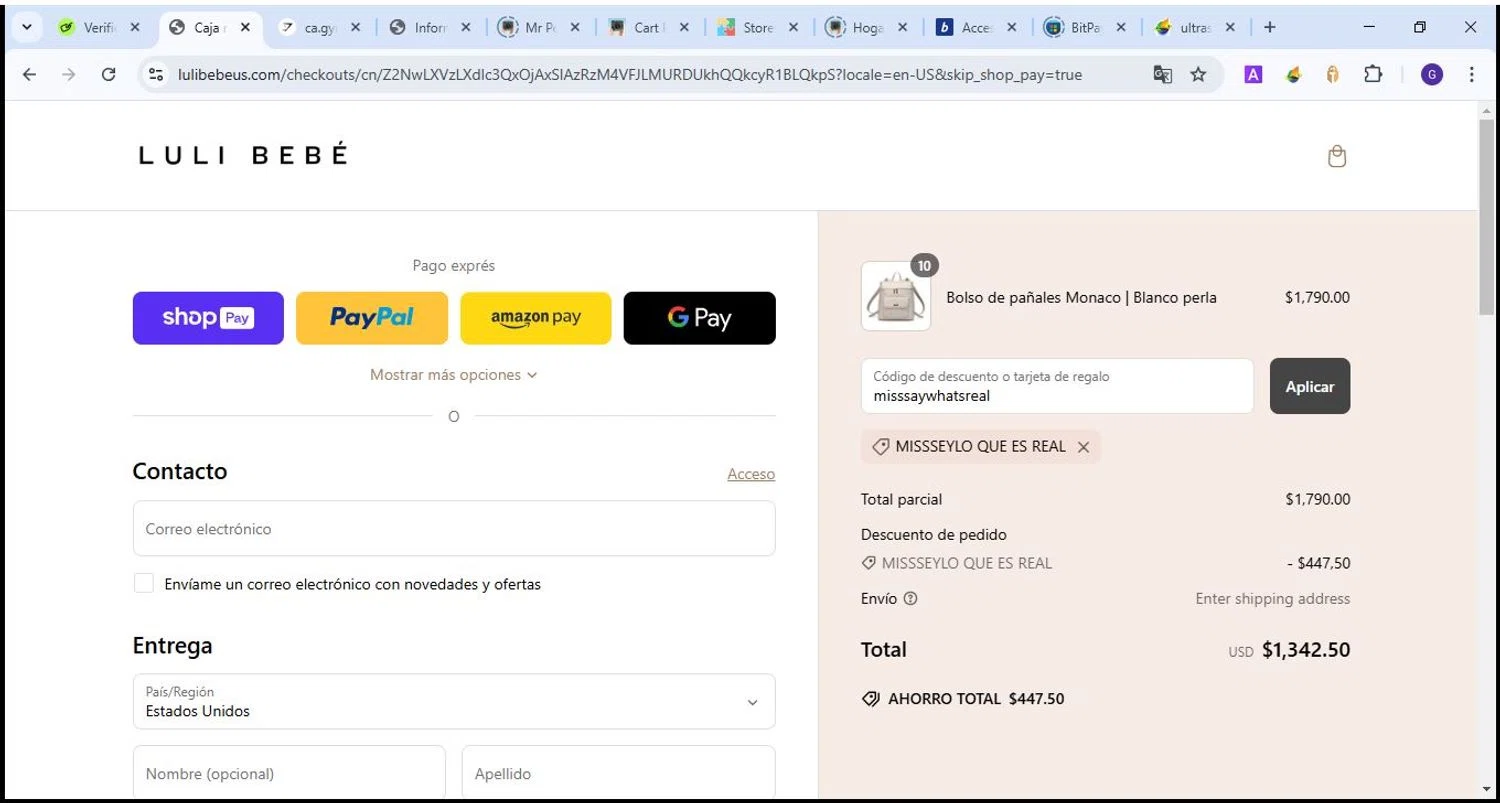 Luli Bebé promo code screenshot showing code misssaywhatsreal applied at Luli Bebé checkout page. Uploaded by SimplyCodes community member Theking on Mar 11, 2025