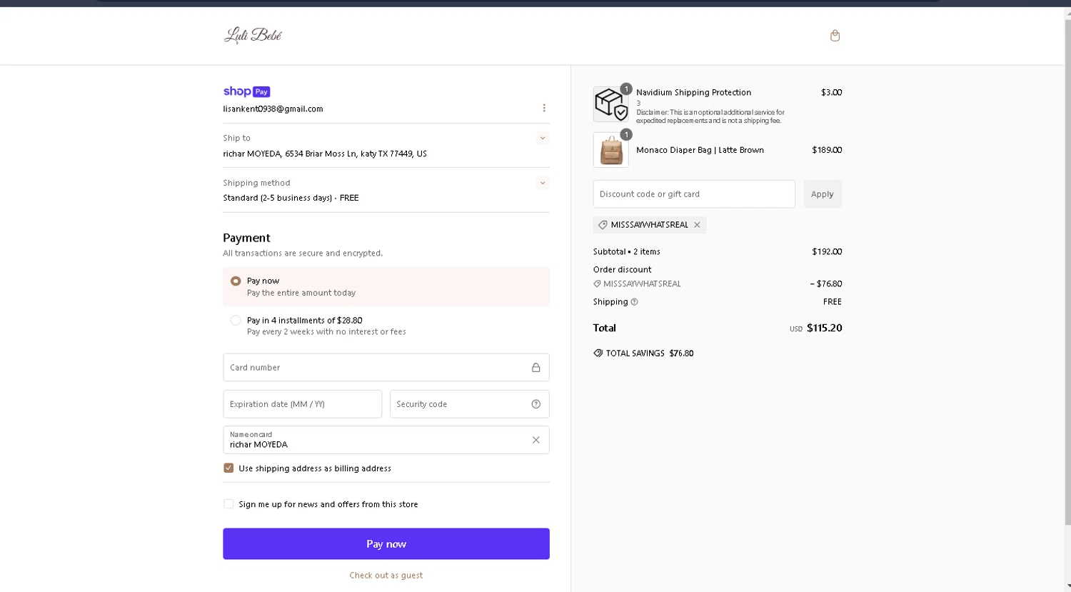Luli Bebé promo code screenshot showing code misssaywhatsreal applied at Luli Bebé checkout page. Uploaded by SimplyCodes community member VEROSS on Jan 21, 2025