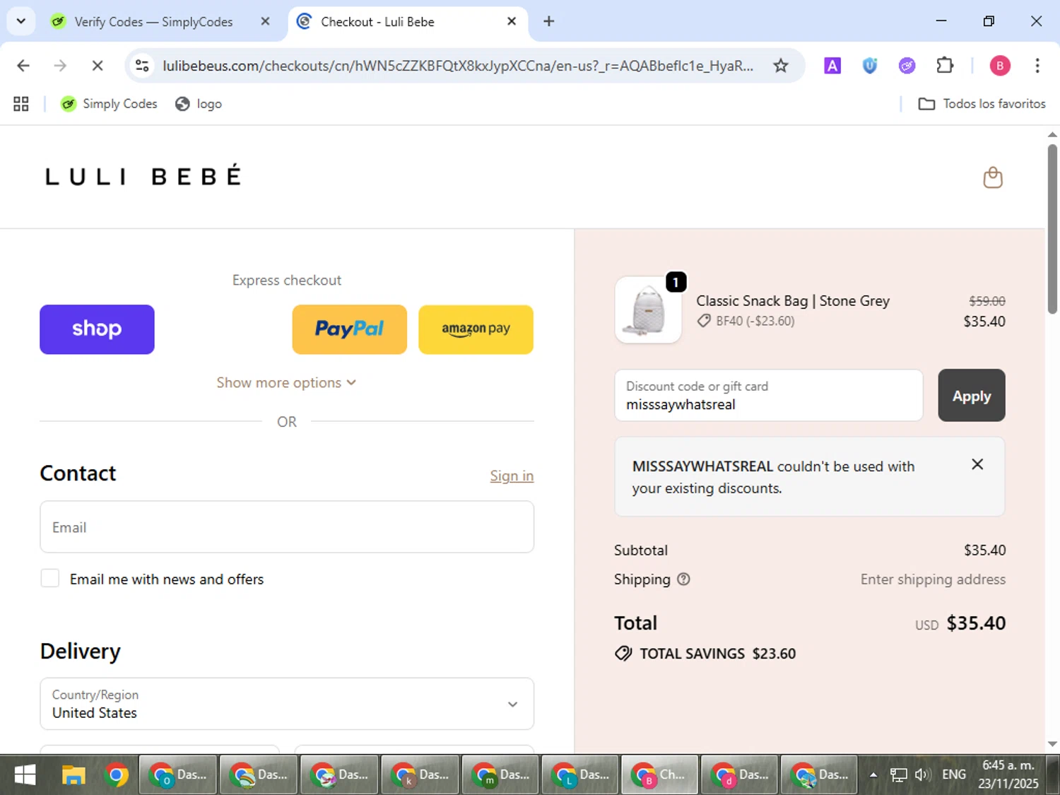 Luli Bebé promo code screenshot showing code misssaywhatsreal applied at Luli Bebé checkout page. Uploaded by SimplyCodes community member bombontropical on Nov 23, 2025
