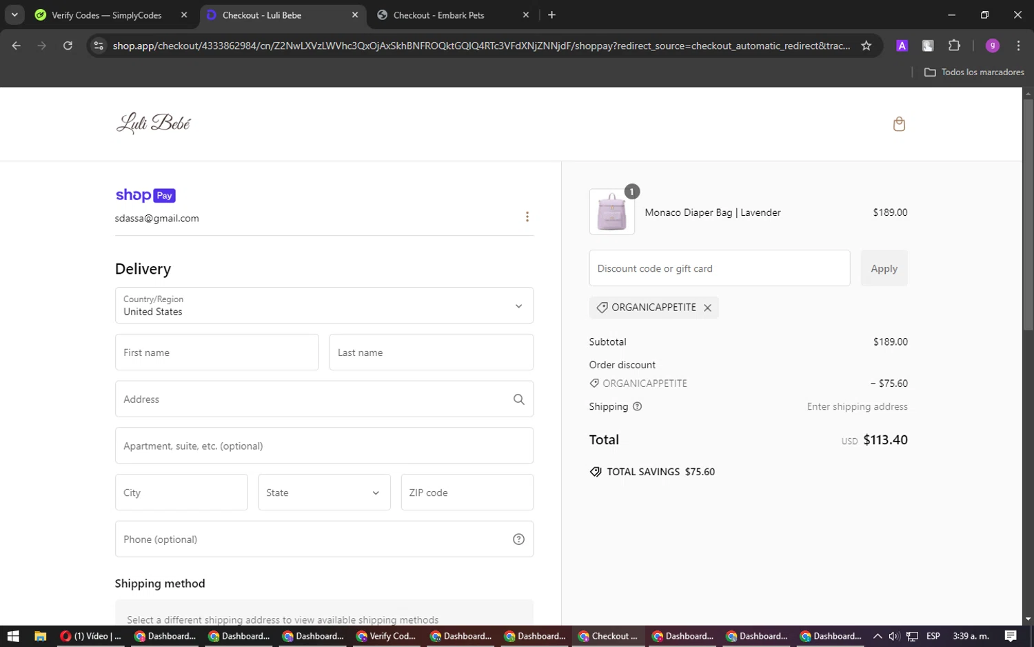 Luli Bebé promo code screenshot showing code ORGANICAPPETITE applied at Luli Bebé checkout page. Uploaded by SimplyCodes community member DealPilot7721 on Jan 11, 2025