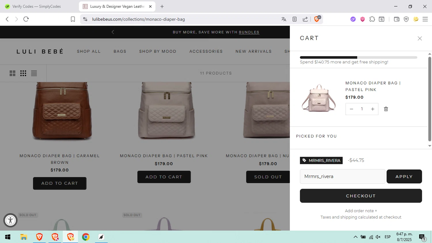 Luli Bebé promo code screenshot showing code Mrmrs_rivera applied at Luli Bebé checkout page. Uploaded by SimplyCodes community member anaoee on Jul 8, 2025