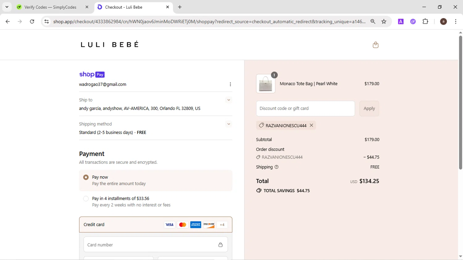 Luli Bebé promo code screenshot showing code RAZVANIONESCU444 applied at Luli Bebé checkout page. Uploaded by SimplyCodes community member CodeMaverick246 on Jul 17, 2025