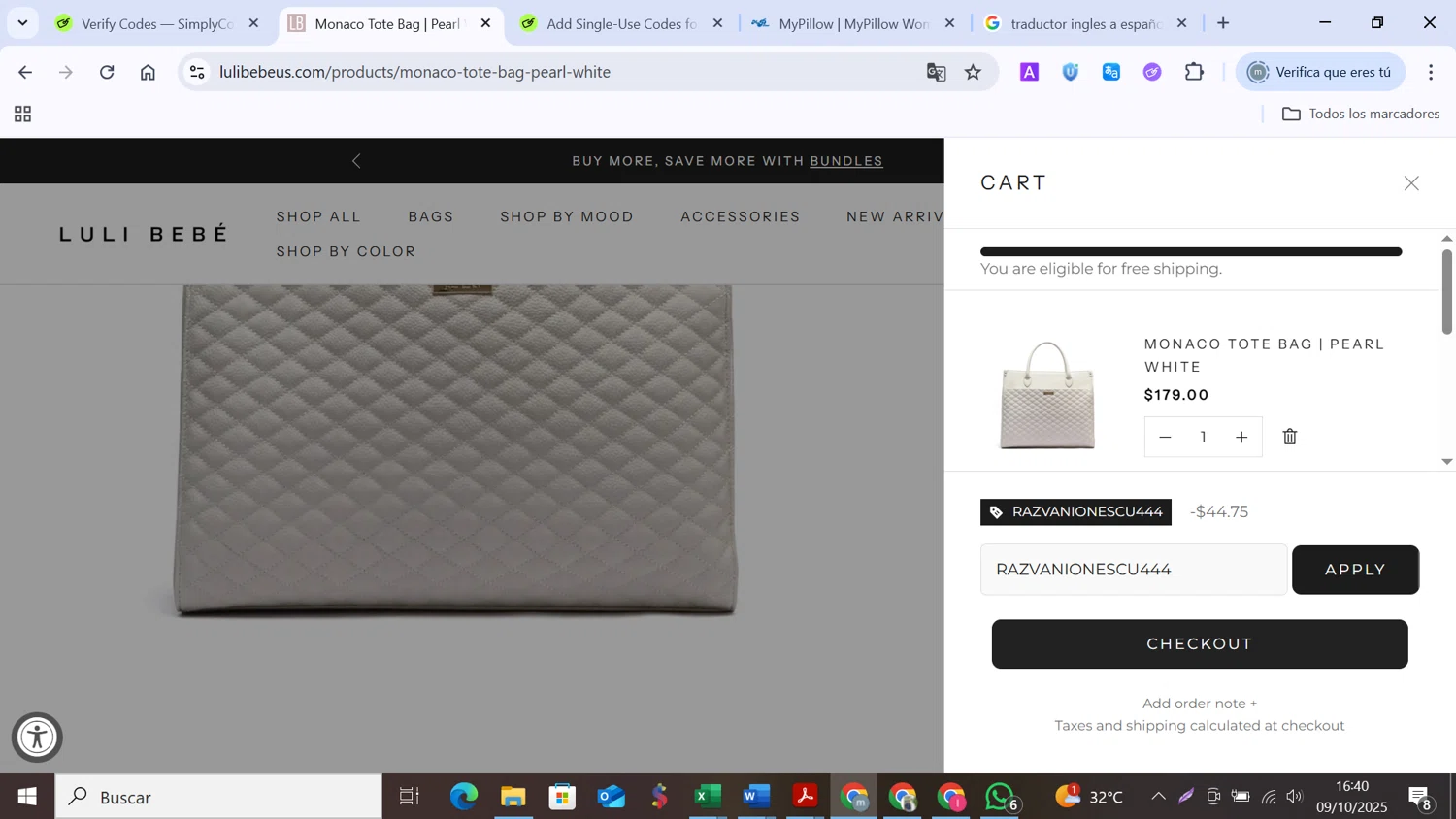 Luli Bebé promo code screenshot showing code RAZVANIONESCU444 applied at Luli Bebé checkout page. Uploaded by SimplyCodes community member MANUELURBINA on Oct 9, 2025