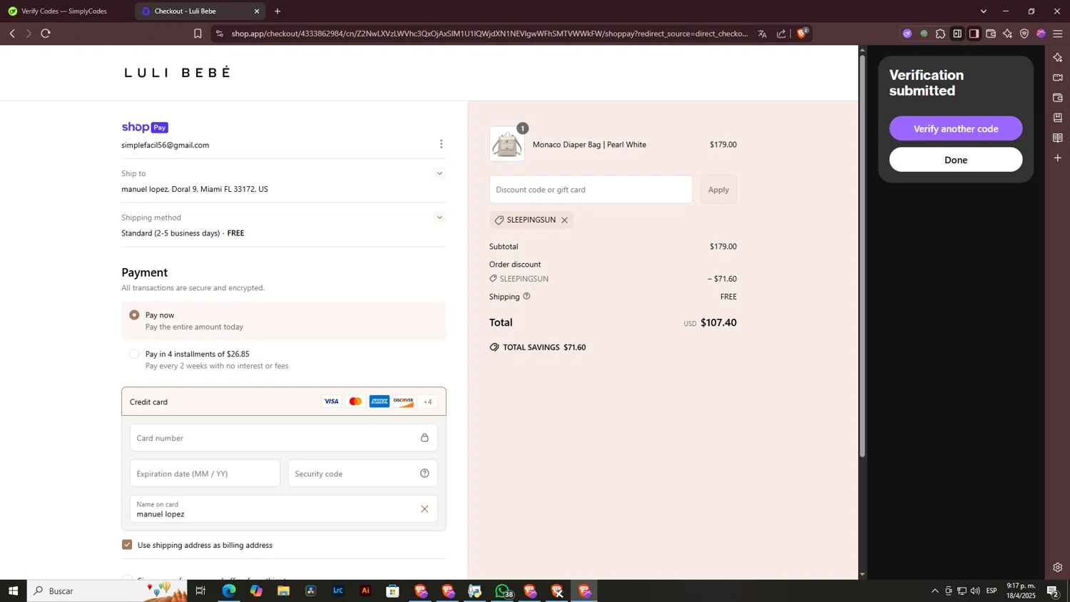 Luli Bebé promo code screenshot showing code SLEEPINGSUN applied at Luli Bebé checkout page. Uploaded by SimplyCodes community member ArtPOPO on Apr 19, 2025