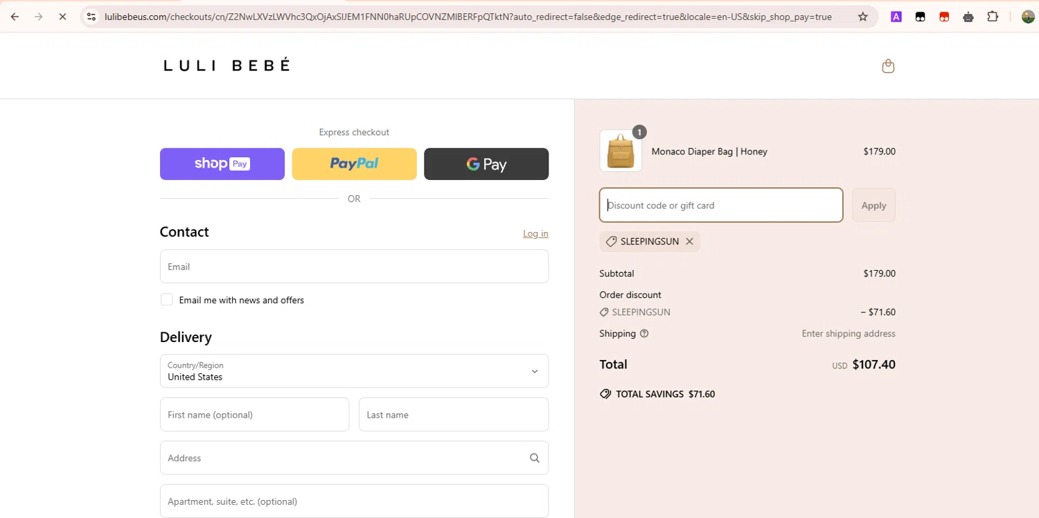 Luli Bebé promo code screenshot showing code SLEEPINGSUN applied at Luli Bebé checkout page. Uploaded by SimplyCodes community member Samugl21 on Apr 9, 2025