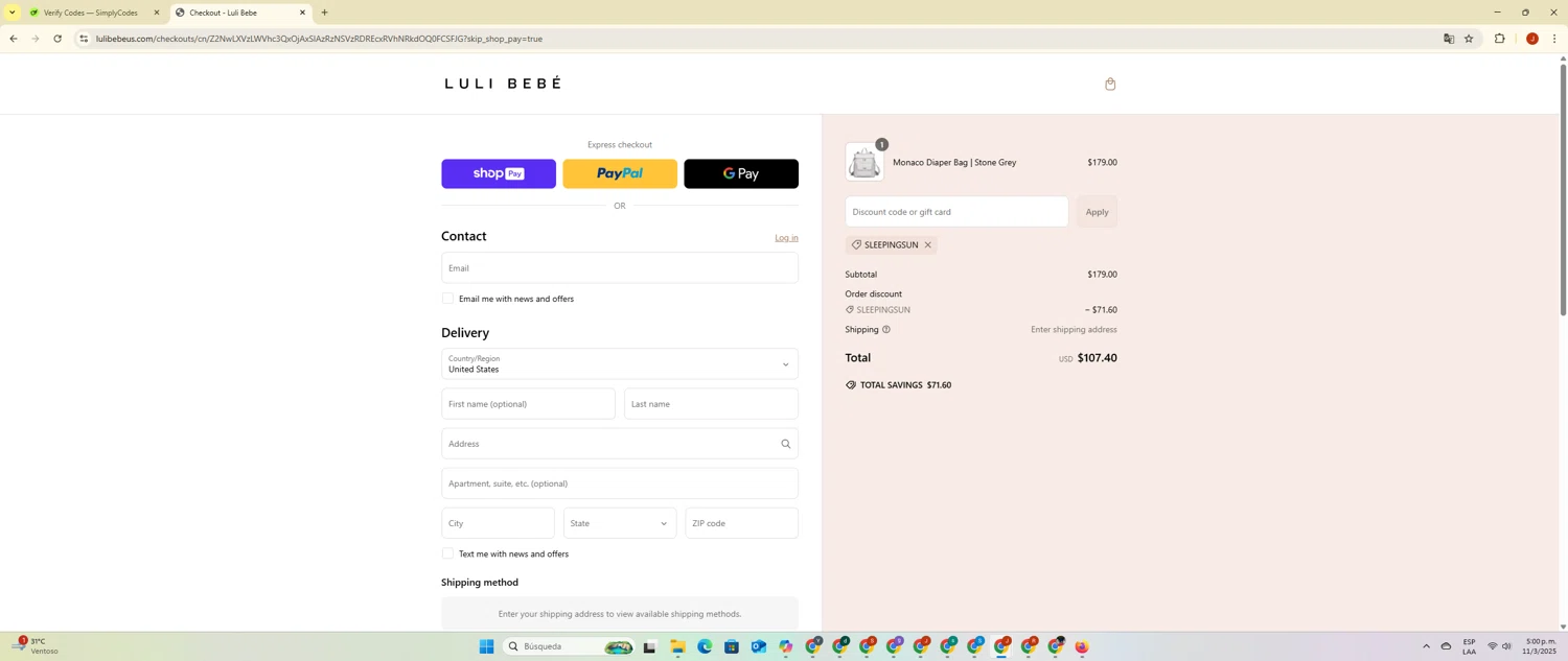 Luli Bebé promo code screenshot showing code SLEEPINGSUN applied at Luli Bebé checkout page. Uploaded by SimplyCodes community member PrimeBoss695 on Mar 11, 2025