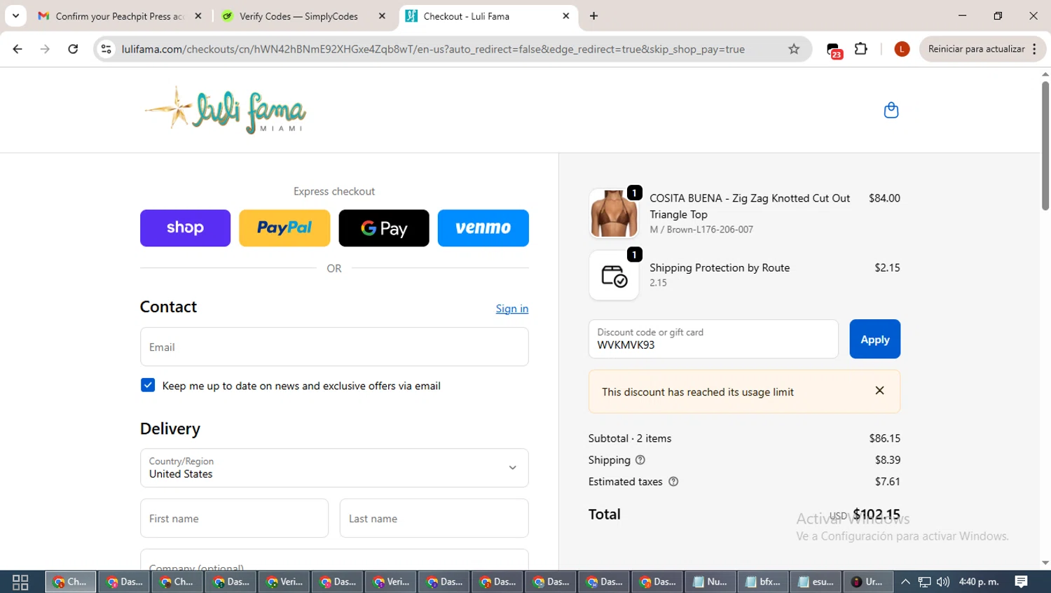 Luli Fama discount code screenshot showing code WVKMVK93 applied at Luli Fama checkout page. Uploaded by SimplyCodes community member BonusHero9692 on Oct 12, 2025