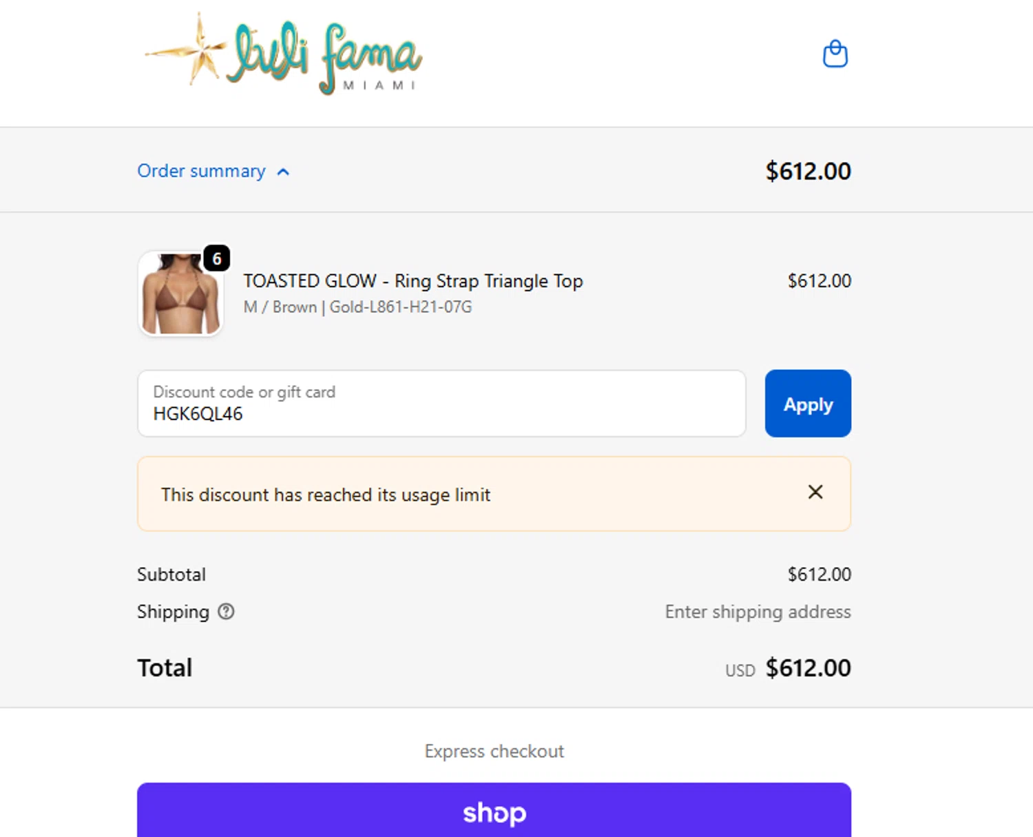 Luli Fama discount code screenshot showing code HGK6QL46 applied at Luli Fama checkout page. Uploaded by SimplyCodes community member Albertogarcia22 on Oct 21, 2025