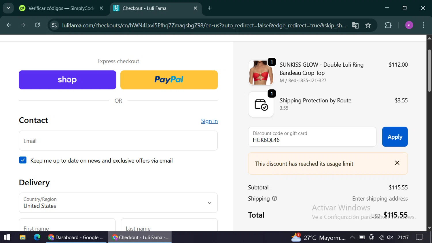 Luli Fama discount code screenshot showing code HGK6QL46 applied at Luli Fama checkout page. Uploaded by SimplyCodes community member alexandracarolina on Oct 21, 2025