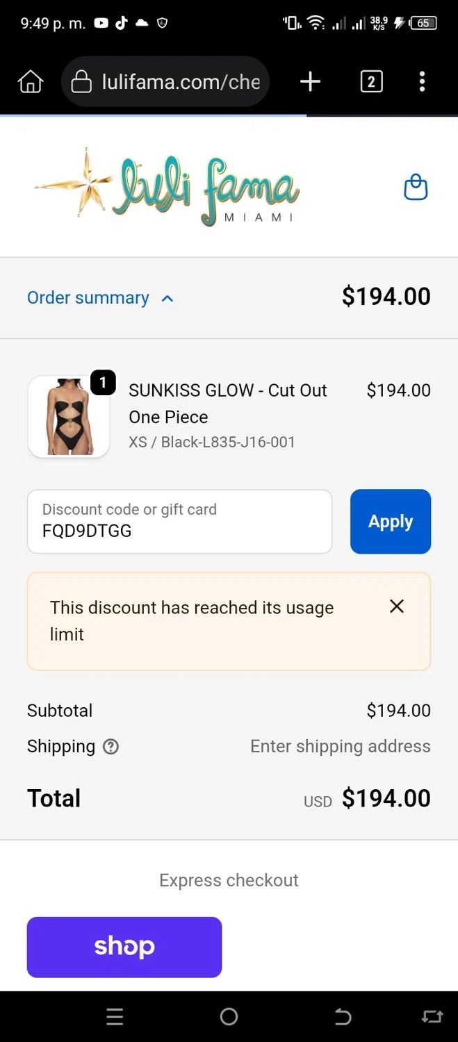 Luli Fama discount code screenshot showing code FQD9DTGG applied at Luli Fama checkout page. Uploaded by SimplyCodes community member CleverSleuth6613 on Oct 25, 2025