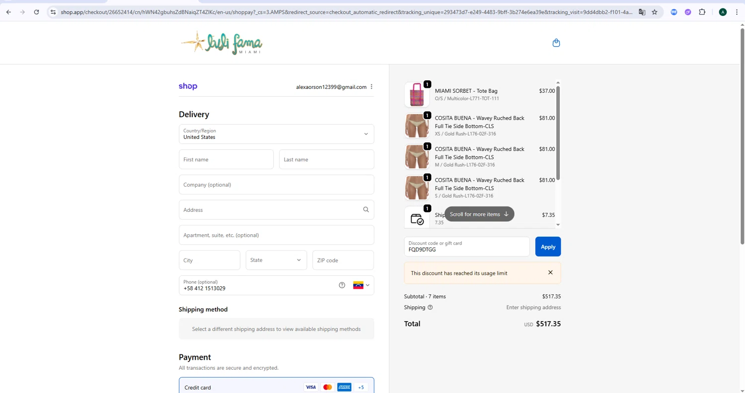 Luli Fama discount code screenshot showing code FQD9DTGG applied at Luli Fama checkout page. Uploaded by SimplyCodes community member CoinGuardian4017 on Oct 25, 2025