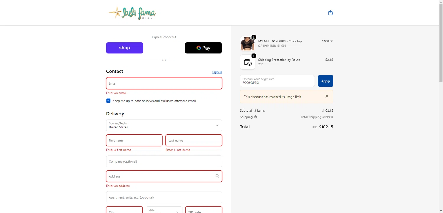 Luli Fama discount code screenshot showing code FQD9DTGG applied at Luli Fama checkout page. Uploaded by SimplyCodes community member NobleMaestro6498 on Oct 25, 2025