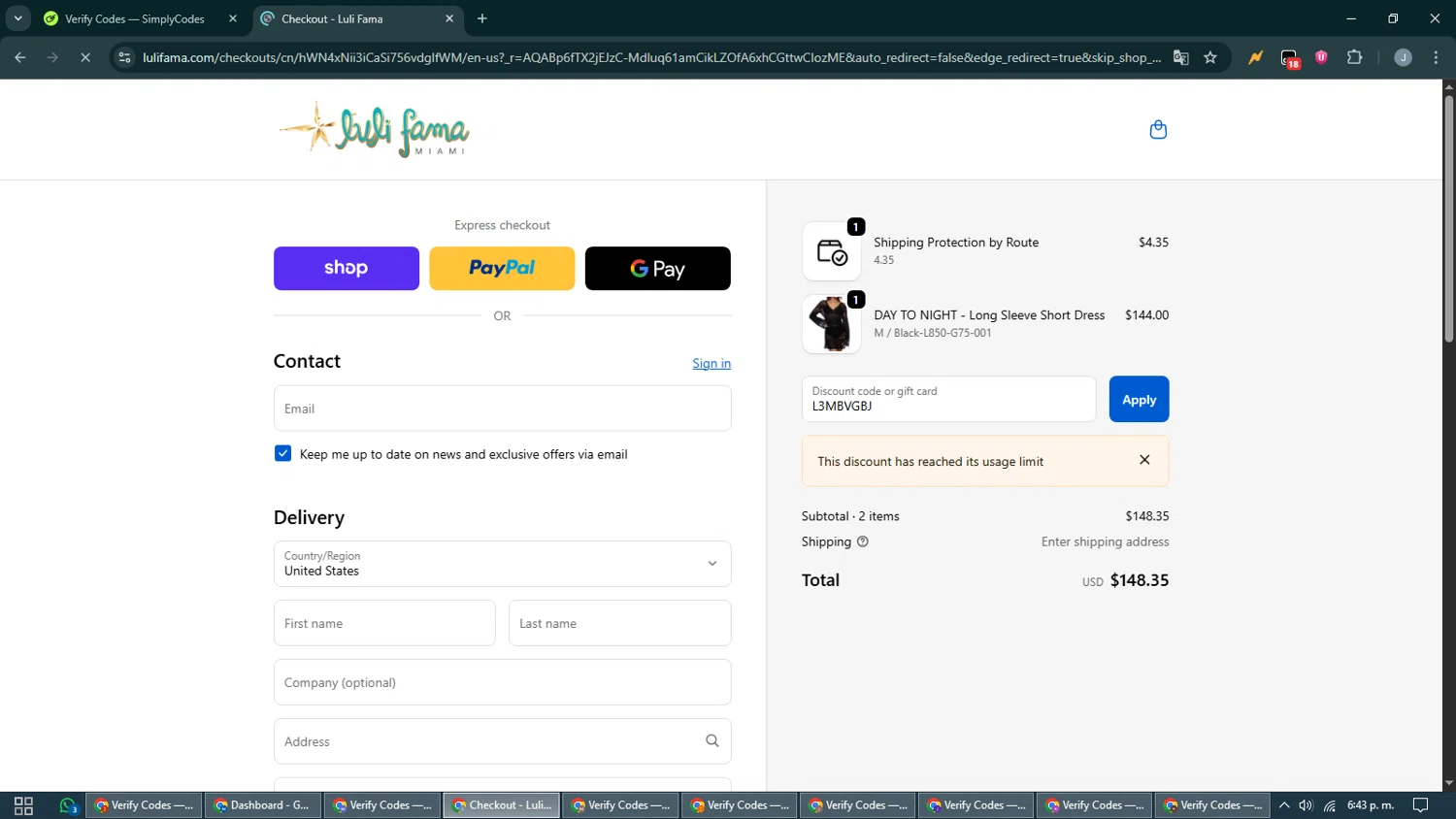 Luli Fama discount code screenshot showing code L3MBVGBJ applied at Luli Fama checkout page. Uploaded by SimplyCodes community member CashShopper1214 on Nov 5, 2025