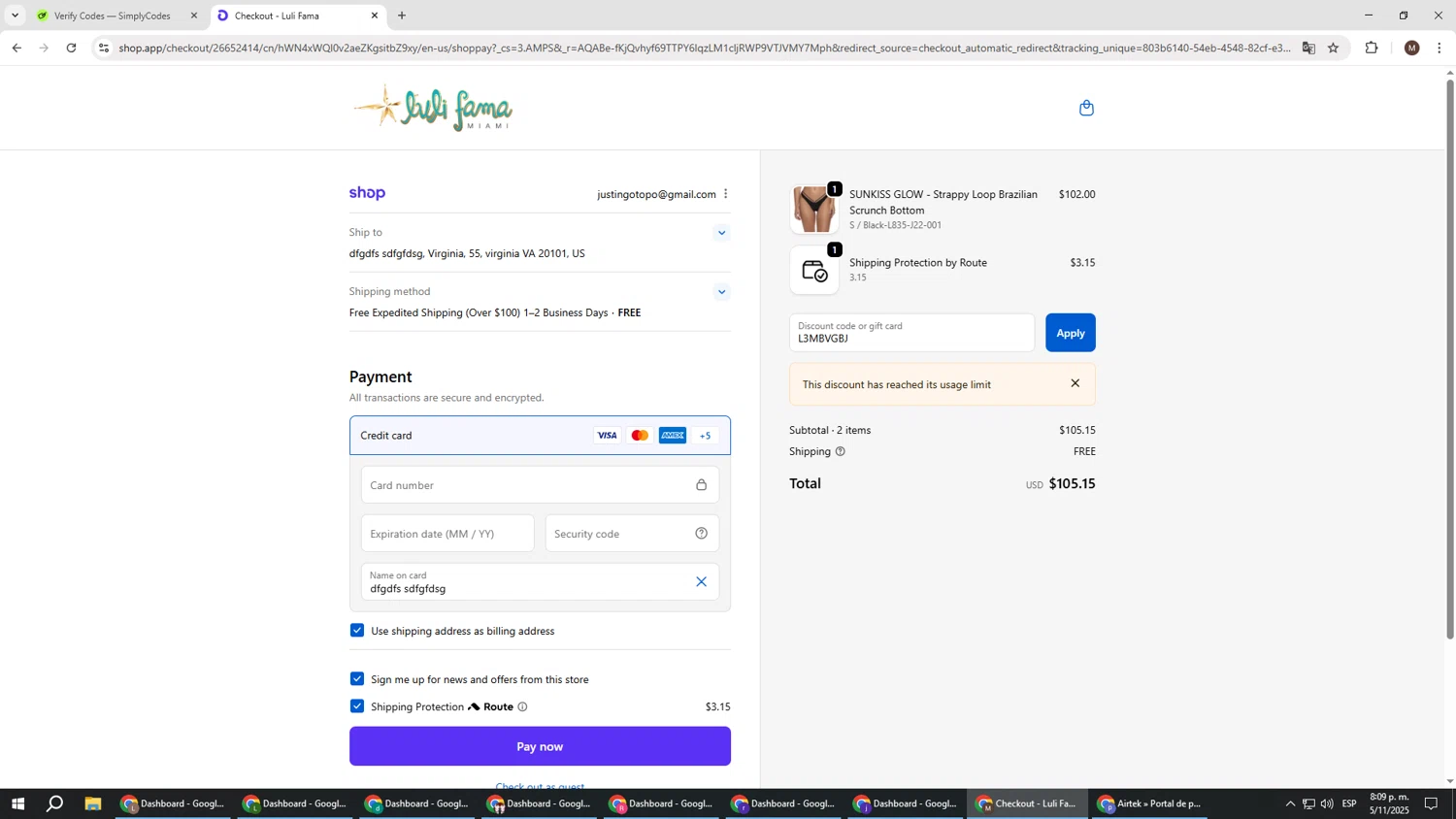 Luli Fama discount code screenshot showing code L3MBVGBJ applied at Luli Fama checkout page. Uploaded by SimplyCodes community member KTMCRF on Nov 6, 2025