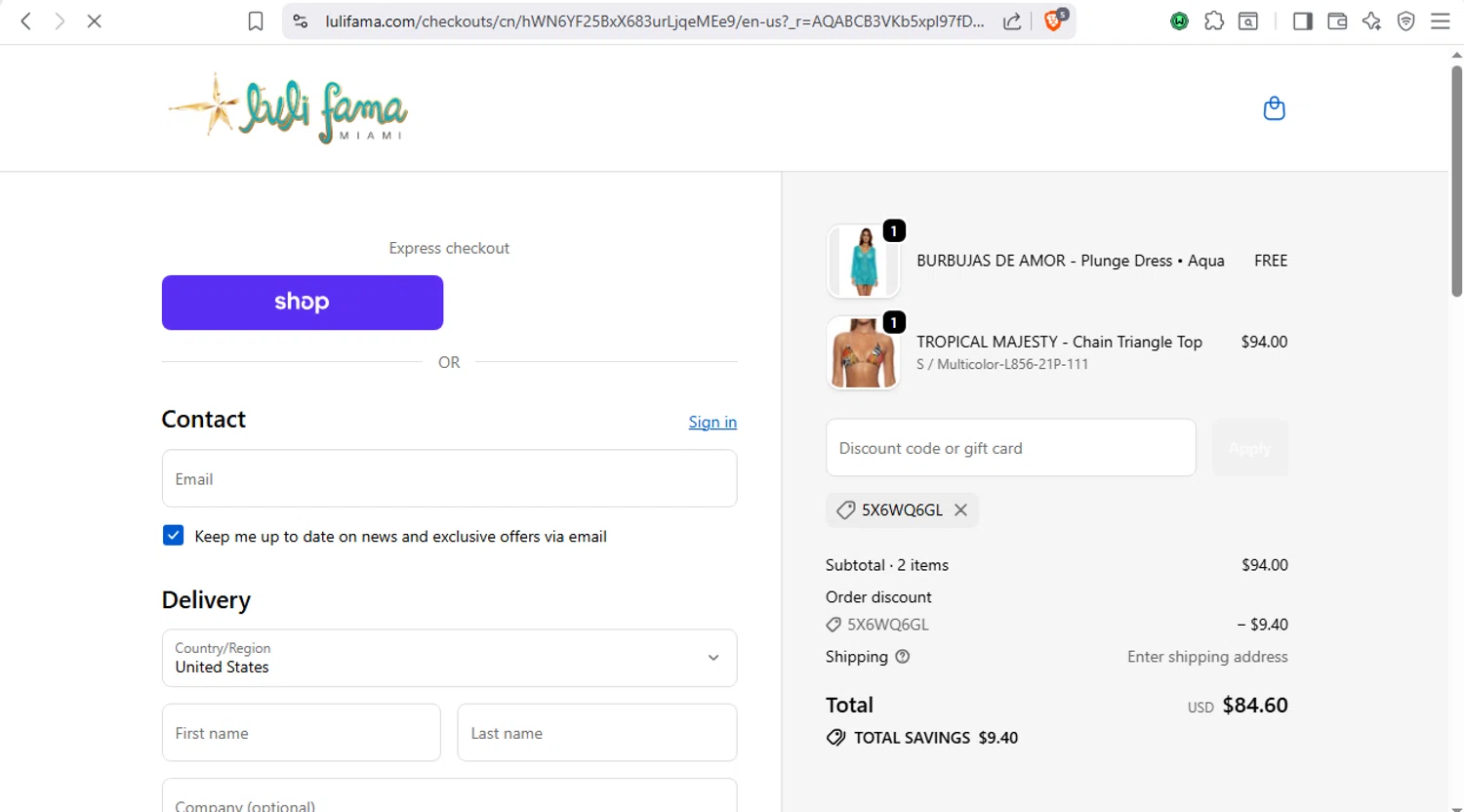 Luli Fama checkout page showing Luli Fama discount code box | Screenshot taken by SimplyCodes community member on Dec 17, 2025
