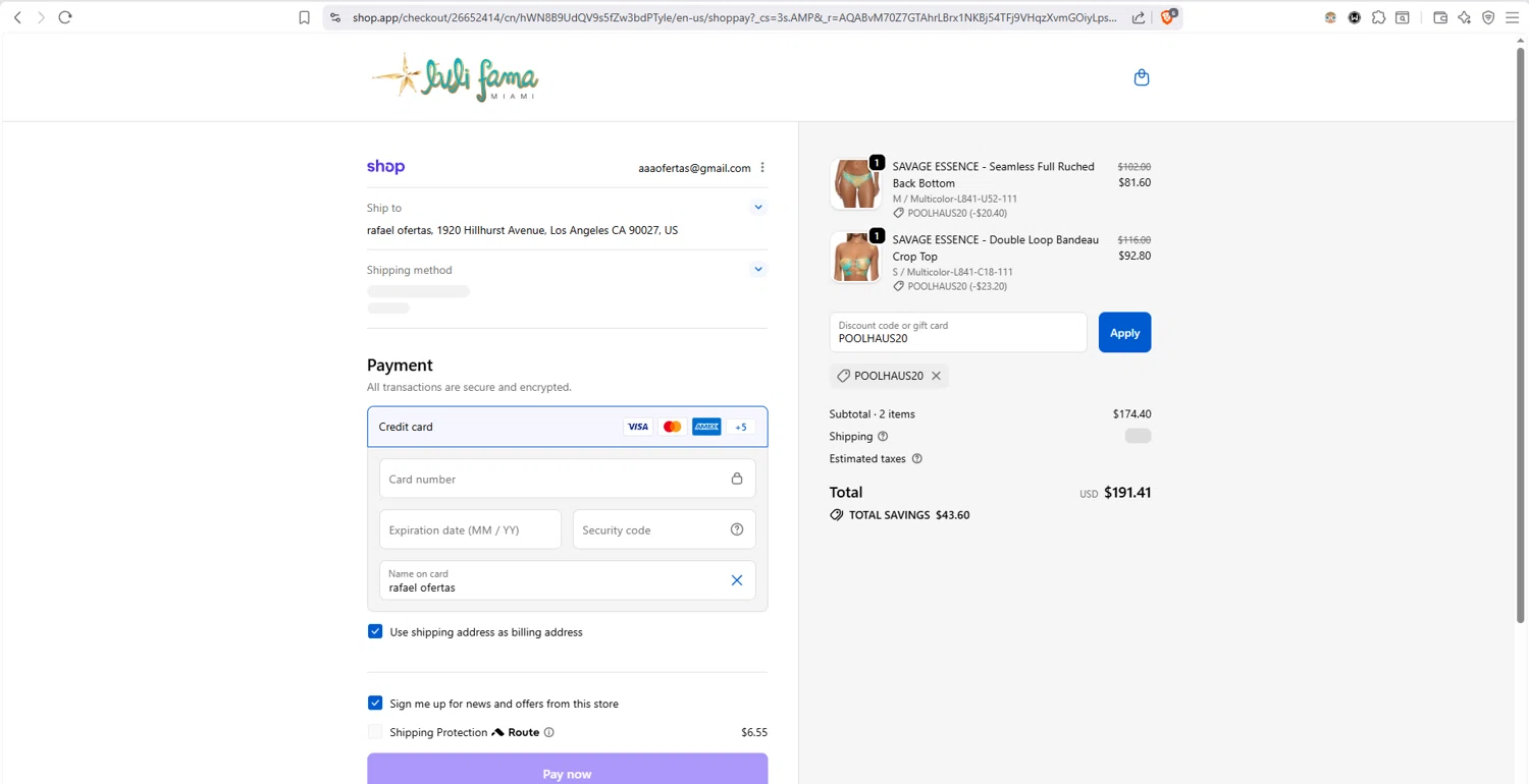 Luli Fama checkout page showing Luli Fama discount code box | Screenshot taken by SimplyCodes community member on Jan 29, 2026