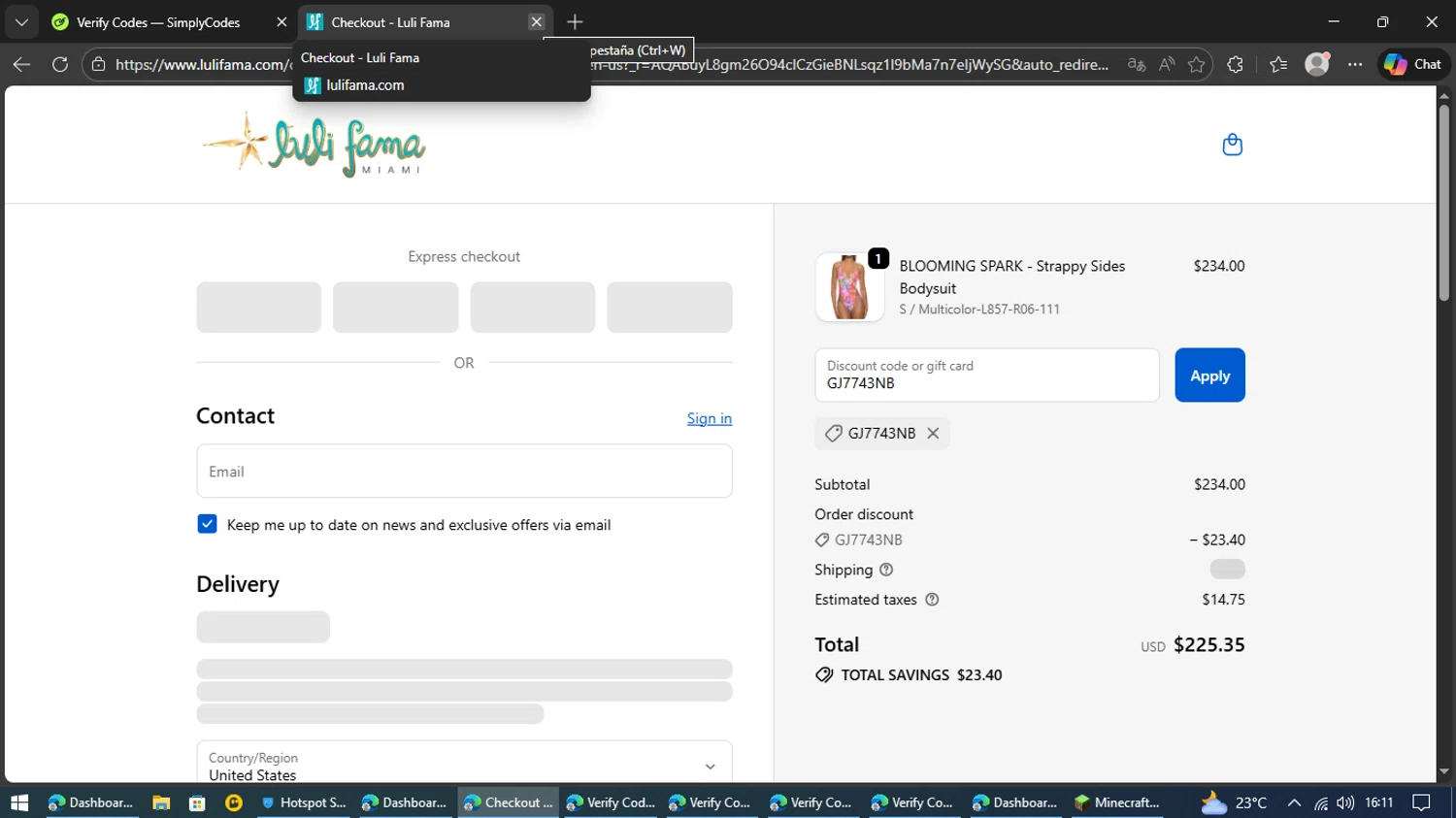 Luli Fama checkout page showing Luli Fama discount code box | Screenshot taken by SimplyCodes community member on Feb 20, 2026