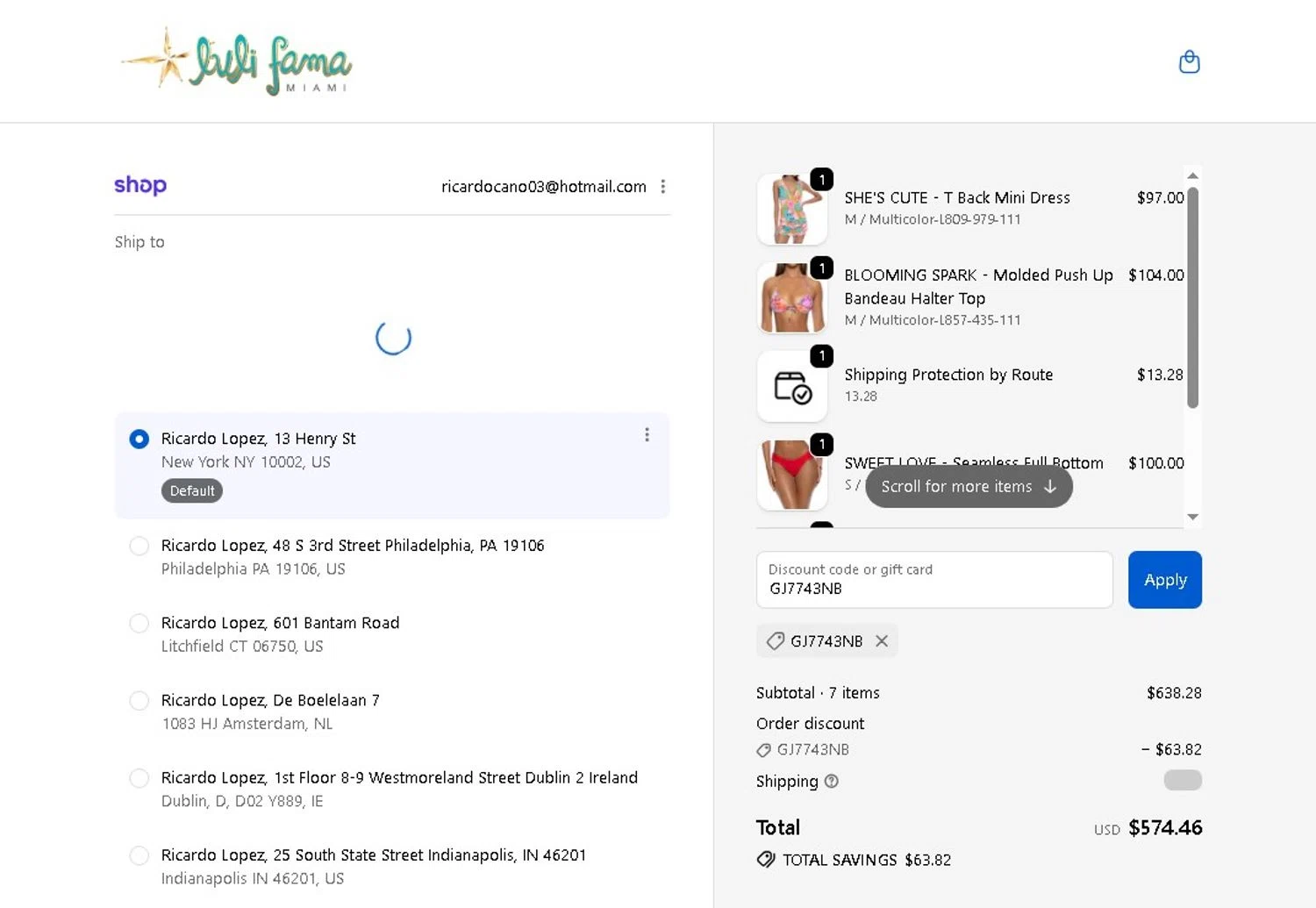 Luli Fama discount code screenshot showing code GJ7743NB applied at Luli Fama checkout page. Uploaded by SimplyCodes community member LAMINEJAMAL on Feb 20, 2026
