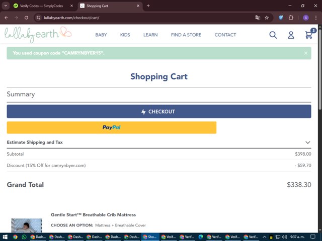 Lullaby Earth checkout page showing Lullaby Earth discount code box | Screenshot taken by SimplyCodes community member on Jun 19, 2025