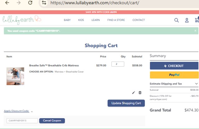 Lullaby Earth checkout page showing Lullaby Earth discount code box | Screenshot taken by SimplyCodes community member on Jul 1, 2025