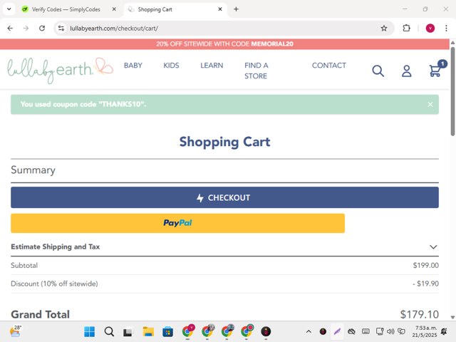 Lullaby Earth checkout page showing Lullaby Earth discount code box | Screenshot taken by SimplyCodes community member on May 21, 2025