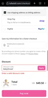BabyShowV coupon verification screenshot