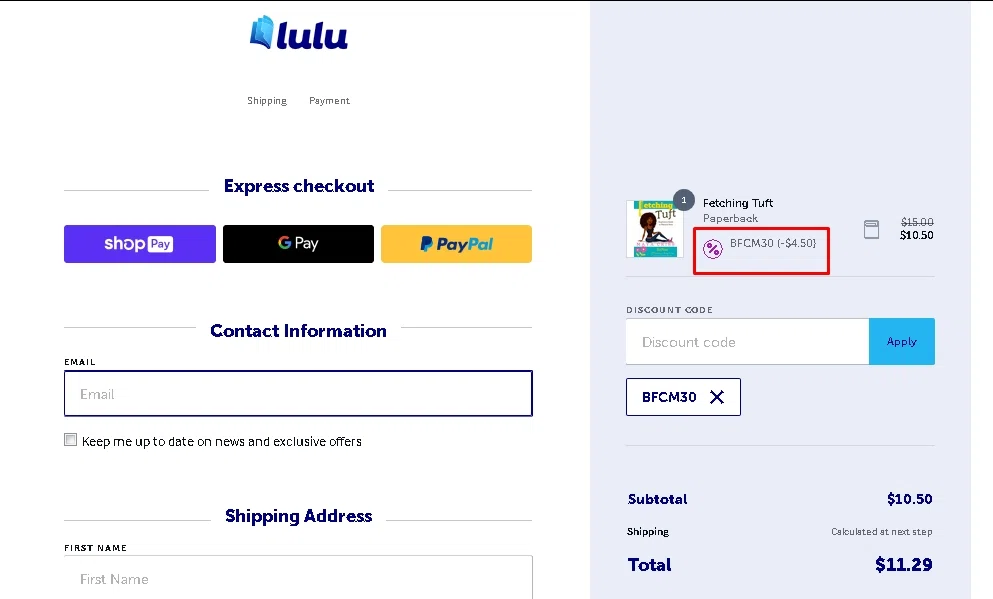 lulu discount code first ordering