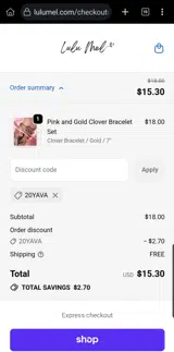 20YAVA coupon verification screenshot