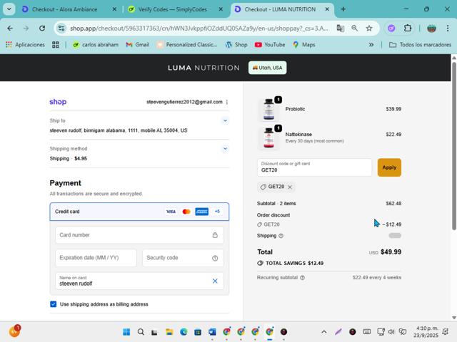 Luma Nutrition checkout page showing Luma Nutrition discount code box | Screenshot taken by SimplyCodes community member on Sep 23, 2025