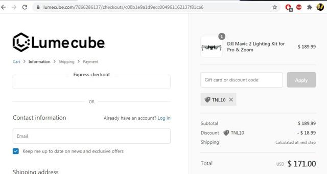 Lume Cube checkout page showing Lume Cube discount code box | Screenshot taken by SimplyCodes community member on Mar 5, 2021