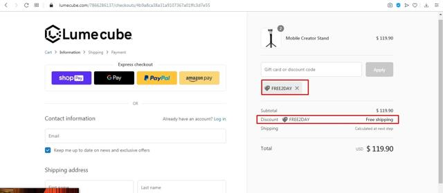 Lume Cube checkout page showing Lume Cube discount code box | Screenshot taken by SimplyCodes community member on Mar 5, 2021