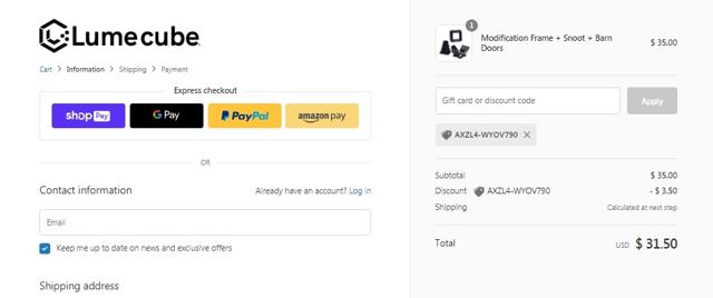 Lume Cube checkout page showing Lume Cube discount code box | Screenshot taken by SimplyCodes community member on Mar 7, 2021
