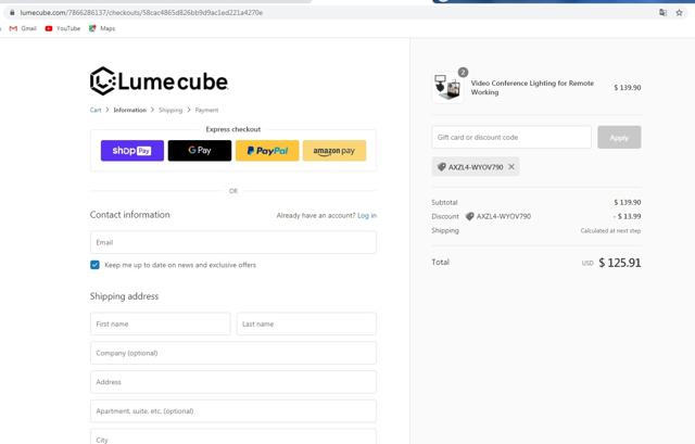 Lume Cube checkout page showing Lume Cube discount code box | Screenshot taken by SimplyCodes community member on Mar 8, 2021