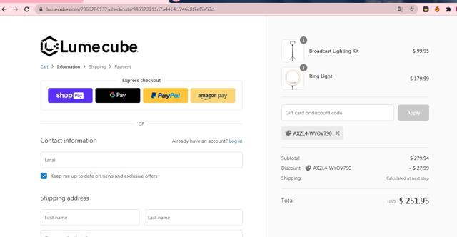 Lume Cube checkout page showing Lume Cube discount code box | Screenshot taken by SimplyCodes community member on Mar 7, 2021