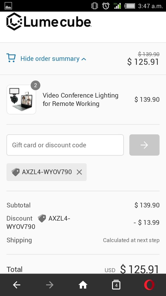 Lume Cube checkout page showing Lume Cube discount code box | Screenshot taken by SimplyCodes community member on Mar 7, 2021