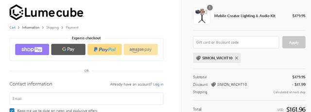 Lume Cube checkout page showing Lume Cube discount code box | Screenshot taken by SimplyCodes community member on Mar 17, 2021