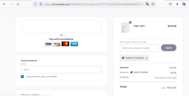 Lume Cube checkout page showing Lume Cube discount code box | Screenshot taken by SimplyCodes community member on Nov 18, 2021