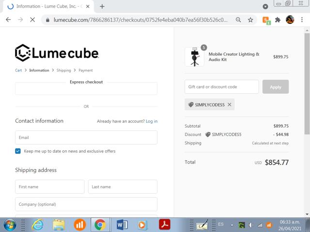 Lume Cube checkout page showing Lume Cube discount code box | Screenshot taken by SimplyCodes community member on Apr 26, 2021